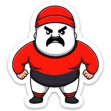 White skin fat guy with prominent black durag, short black beard, black eyes in a red and black wrestling singlet with angry face sticker