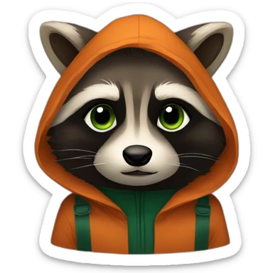 brown raccoon with orange eyes and a dark green hood that is sad sticker
