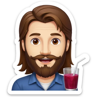 bust man long brown hair brown eyes medium beard white skin with berry juice stained lips grin sticker