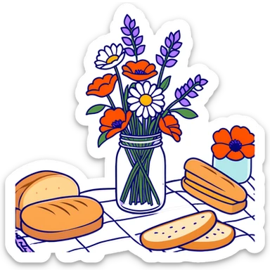 wildflower bouquet with daisies, poppies and lavender arranged in a mason jar on a picnic blanket with bread and fruit sticker