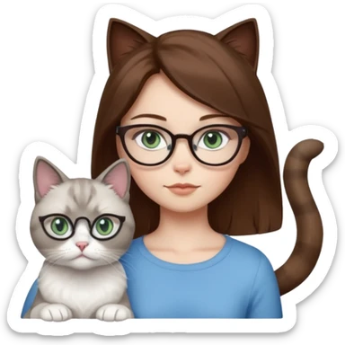 O fata cu parul saten cu ochii griji-albastrii ,ochelari și codițe de pisica ..și langa o pisicuță alba pufoasa ,cu ochii verzi și o a doua pisica siameza pufoasa cu capul maro -negru și coada ,restul corpului un maro deschis spre alb  , ochii albaștrii  sticker