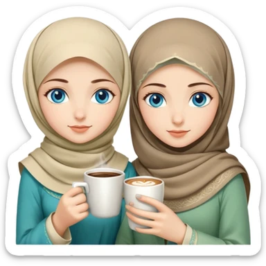 Turkish beautiful finish Konya two girls blue eyes with beige and light green hijab islamic dress and had on her hand hot coffee   sticker