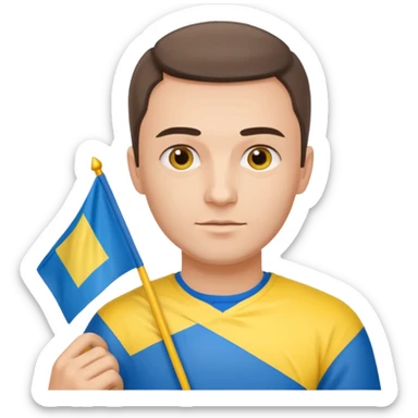 a Ukrainian man holding a Ukrainian flag sticker