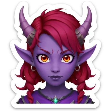 Demon Girl Purple Skin Dragon Horns Black Eyes Red Glowing Pupils Auburn Haired Red Shirt  sticker