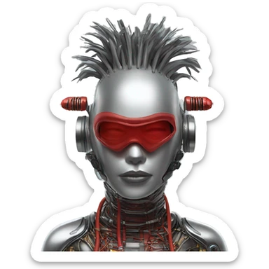 Silver Mohawk female cyborg head with red respirator mask and circuits sticker