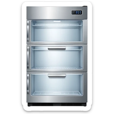 A refrigerator with a transparent front glass divided into three compartments, empty and unfilled. The refrigerator faces forward. It must be divided into three compartments and must have three drawers. sticker