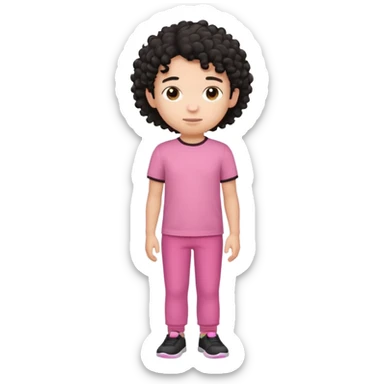 Kid boy wearing pink T-shirt, black curly hair, full body sticker