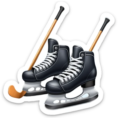 Please, make An icon featuring The background shows a packed stadium with cheering fans, bright arena lights, and an icy rink and close-up shots of key hockey equipment: a hockey stick, puck, and skates. Transparent background highlights the essentials of the game and the thrill of the sport. sticker