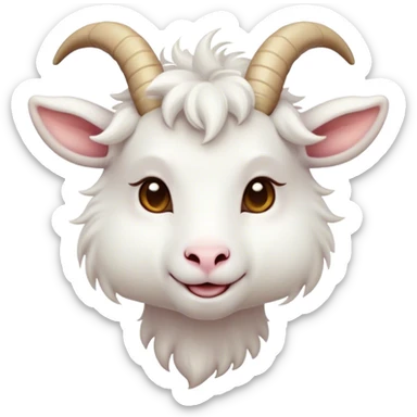 Cinematic Cute White Goat Portrait Emoji, Head tilted playfully and inquisitively, featuring a fluffy, immaculate white fur with charming curved horns, round, sparkling eyes filled with gentle curiosity, Simplified yet irresistibly adorable features, highly detailed, glowing with a warm, friendly glow, high shine, affectionate and lively, stylized with a touch of whimsical charm, bright and endearing, soft glowing outline, capturing the essence of a mischievous yet loving goat, so playful it feels like it could trot out of the screen and into your arms! sticker
