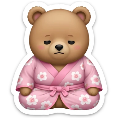 A cute chubby light-brown bear wearing a pastel pink sakura-patterned kimono, body and round head, adorable simple face, sleepy half-closed eyes, small blush on cheeks, sitting while dozing off, tiny “zzz” floating above the head sticker