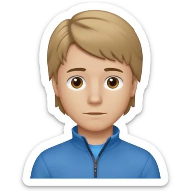 boy with dark blonde hair in a mullet with a neat blue undershirt and brown quarter zip sticker