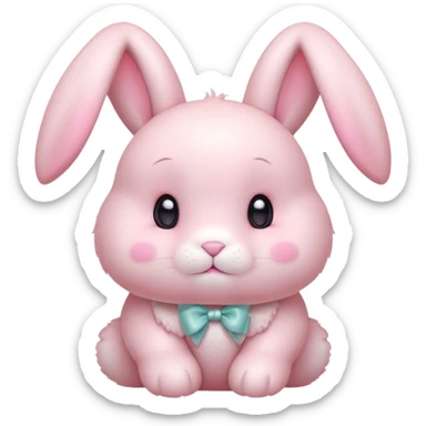 Cinematic adorable pastel pink bunny, chubby cheeks, tiny paws, sparkling round eyes, soft fur with a gentle glow, slightly tilted head, wearing a tiny bow, irresistibly cute and heartwarming. sticker