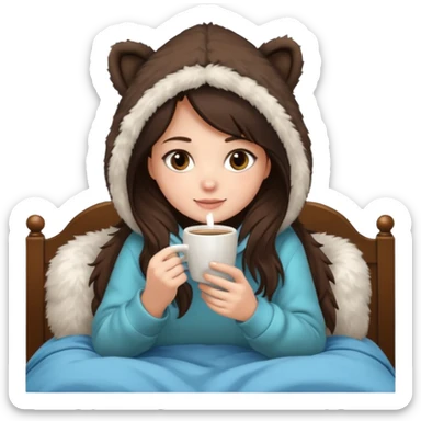 a brunette girl sitting cozily in her bed and a fur hoodie sipping coffee sticker