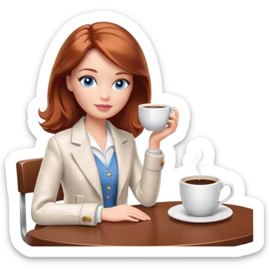 A Barbie girl with blue eyes, shoulder-length reddish-brown hair, made-up, wearing a white tweed jacket and a white skirt, is sitting at a table with a cup of coffee in her hands sticker