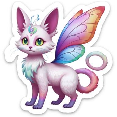 Pure-snow-White albino iridescent with pastel rainbow-gradients-color-markings with swirly patterns butterflies  faerie-Noivern-Noibat-Purloin-Torracat-Lykoi-Caracal-cat-Fakemon-fusion-hybrid-creature sticker