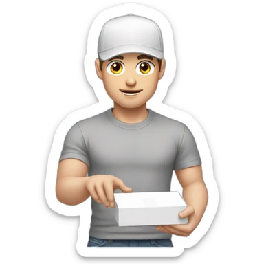 Pale skinned fit Man with dark brown hair in a white cap, gray jeans and gray polo T-shirt keeping a pasted with tape white box into his hands sticker