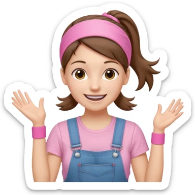 white woman with brown hair  tied together with one elastic pony tail. wearing a light pink thin width headband, Has a pink t-shirt with denim overalls. enthusiastic expression with big smile sticker