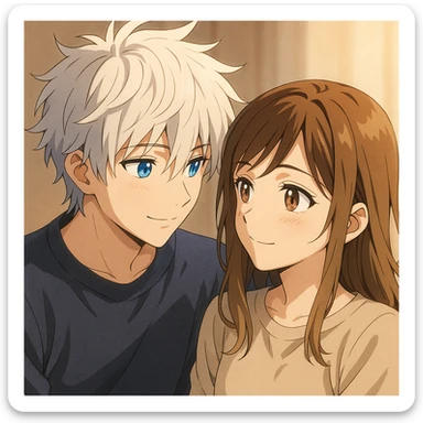 anime style, a boy with tousled white hair and striking blue eyes gazing affectionately at a girl with brunette-blonde hair and warm brown eyes sticker
