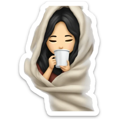 Asian girl inside a blanket sipping coffee eyes closed black hair sticker