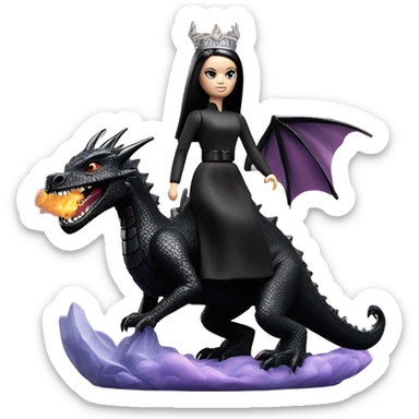 evening dressed, Wednesday Addams Barbie Jedi wearing a tiara, riding on the back of a very large black shiny evil-looking fire-spewing horned dragon sticker