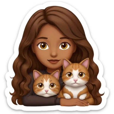 a girl with long wavy brown hair and brown eyes sitting with a cat, emoji style sticker