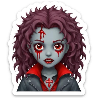 Vampire zombie girl with blood. Long brown curly hair Gray skin and spiky sticker