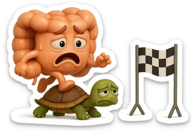  EMOJI STILE IPHONE 3D DI UN INTESTINO CON ESPRESSIONE ANGOSCIATA CHE CAMMINA SUL GUSCIO DI UNA TARTARUGA IN ATTESA ESTENUANTE DI RAGGIUNGERE UN TRAGUARDO POCO PIù AVANTI, SULLA LORO DESTRA. IL TRAGUARDO è UNA BANDIERA A DUE PIEDI CON FASCIA A SCACCHI BIANCHI E NERI. iperrealistico 4k sticker