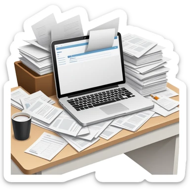 minimalist desk cluttered with papers spilling over, symbolizing overwhelming admin workload sticker