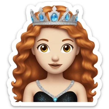 Beautiful girl with redhair, pale skin and bright blue eyes. She wears a sparkly black dress and a silver crown  sticker