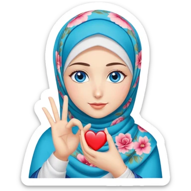 Turkish beautiful finish Konya two girls blue eyes with floral hijab and making love heart with hand gesture sticker