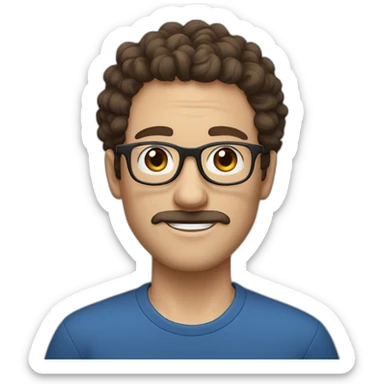 white man with short curly dark brown hair, blue small eyes, round eyeglasses and a brown mustache sticker