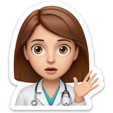 Surprised female doctor emoji with brown hair, both hands on her cheeks, big expressive eyes, clean emoji style sticker