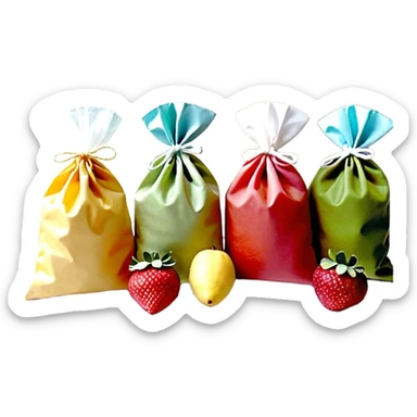 Ein weicher, bunter Standbeutel für Kinder, gefüllt mit püriertem Obstmus. Oben hat er einen kleinen wiederverschließbaren Schraubverschluss, aus dem Kinder direkt trinken oder saugen. Verpackung wie Babynahrung-Beutel aus dem Supermarkt, mit fröhlichem Obst-Design (Apfel, Banane, Erdbeere). sticker