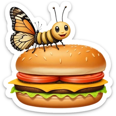 A caterpillar on top of a butterfly eating a burger sticker