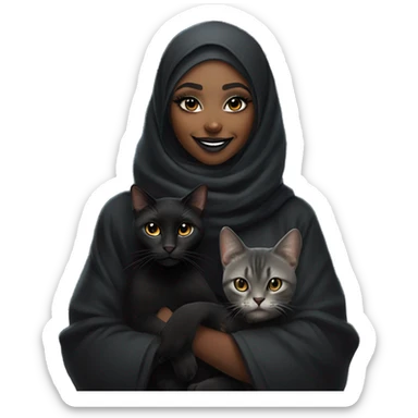 A black girl emoji with a smiley expression, wearing gothic-style makeup, a septum piercing, a silver lip ring, a black hijab, and a black fur coat. She is smiling warmly, with a small black cat sitting or standing beside her. sticker