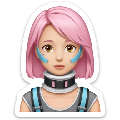 Woman with light pink shoulder length hair and neck brace sticker