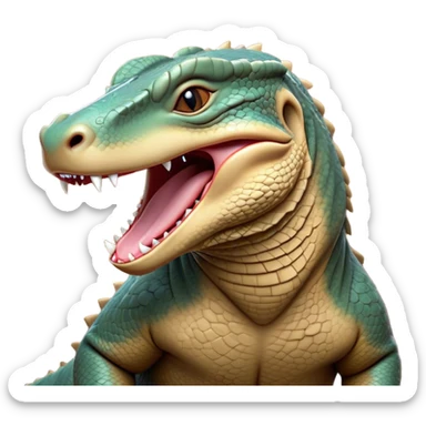 Cinematic Realistic Cute Yawning Komodo Dragon Portrait Emoji, Head tilted slightly with a dramatic, wide-open yawn, showcasing a soft, rugged scaled hide with subtly drooping features and half-closed, drowsy eyes rendered in authentic detail, high shine, relaxed yet expressive, styled with a dash of natural desert charm, soft glowing outline, capturing the essence of a sleepy yet affectionate Komodo dragon that appears ready to stretch out for a deep, restful nap! sticker