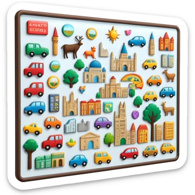 Icon for Magnet Collecting: a magnetic board on a wall displaying a collection of various magnets from different places, featuring cities, animals, and symbols. The icon should evoke the joy and uniqueness of a diverse magnet collection. Transparent background. sticker