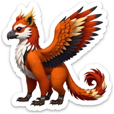 4-legged realistic digitigrade scaly winged long-big-beaked Gryphon-Griffin-Griffsnuff-Talonflame-Silvally-Braviary-Red-Panda-fusion-hybrid-animal-Fakémon-creature, full body, with a long thin tufted lion-tail, long tufted winged feathery ears sticker
