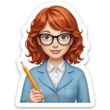 redheaded woman with wavy hair and bangs, blue eyes, glasses, chic outfit, holding a pencil, smiling sticker