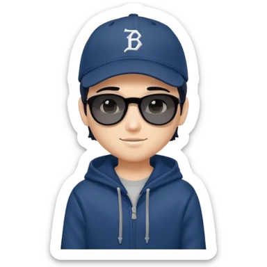 generate a fair pretty bratz boy wearing a dark blue baseball cap with black sunglasses and a grey hoodie

hair black  sticker