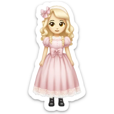 full body, girl standing, pale skin, long blonde hair, wearing lolita pink dress with white lace, wearing a pretty white bow on top of her head sticker
