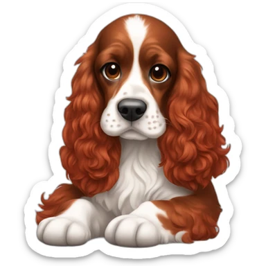 Red velvet hair woman in white singlet sitting tricolor english cocker spaniel on her lap sticker