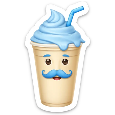 milkshake in a paper cup with blue mustache sticker