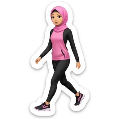 tan skin, hijabi young women in pink hijab, going for walk in black active wear clothing full body, walking  sticker