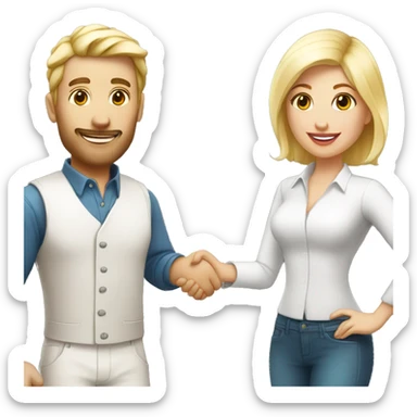adult restaurant owner with white skin and blogger with white skin and blonde hair shaking hands in full height sticker