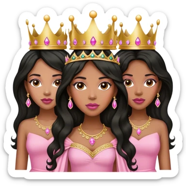 Crown TONE 4 black women with long WAVY hair pink dress pink crown facing forward black hair middle age adult woman gold gems in crown gold earrings  sticker
