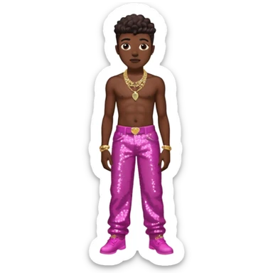 Lil Nas X with dark pink sequin baggy pants, shirtless with necklace sticker