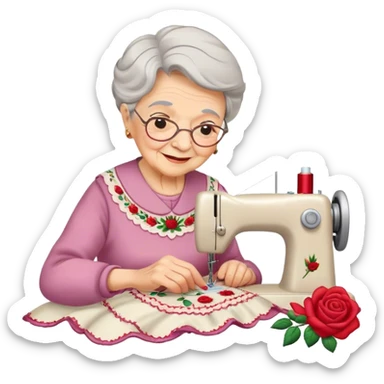 Elderly grandmother happily sewing rose embroidery, focused, peaceful, smiling, content sticker