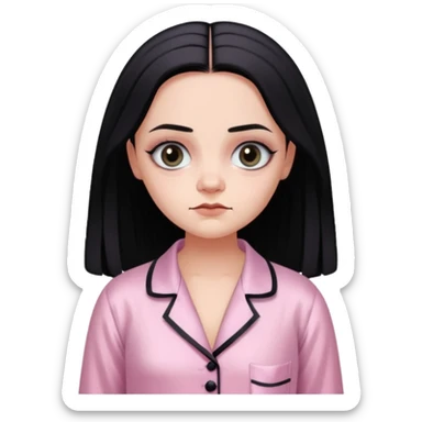 Full stunning Wednesday Addams dark smoky eyeshadow in a unbuttoned Light pink silk pyjamas set sticker